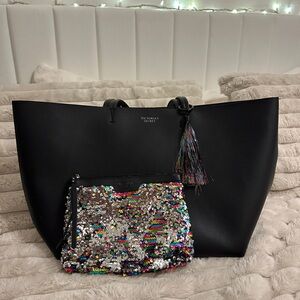 Victoria's Secret Black Tote with Multicolor Sequin Cosmetic Bag